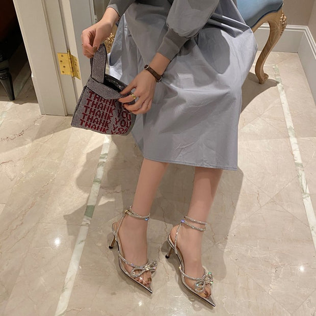 Butterfly-Knot Bling Cross-Tied Crystal Pointed Toe Pumps
