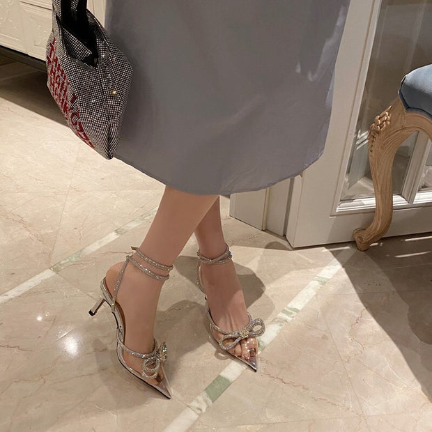 Butterfly-Knot Bling Cross-Tied Crystal Pointed Toe Pumps