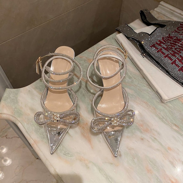 Butterfly-Knot Bling Cross-Tied Crystal Pointed Toe Pumps