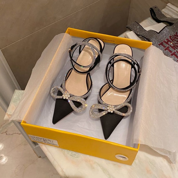 Butterfly-Knot Bling Cross-Tied Crystal Pointed Toe Pumps