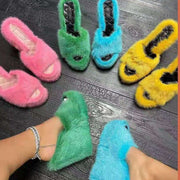 New Fur Slippers Women&#39;s Wedge Heel Shoes Women High-heeled Furry Drag Fashion Outdoor All-match Shoes Slippers Furry Slides