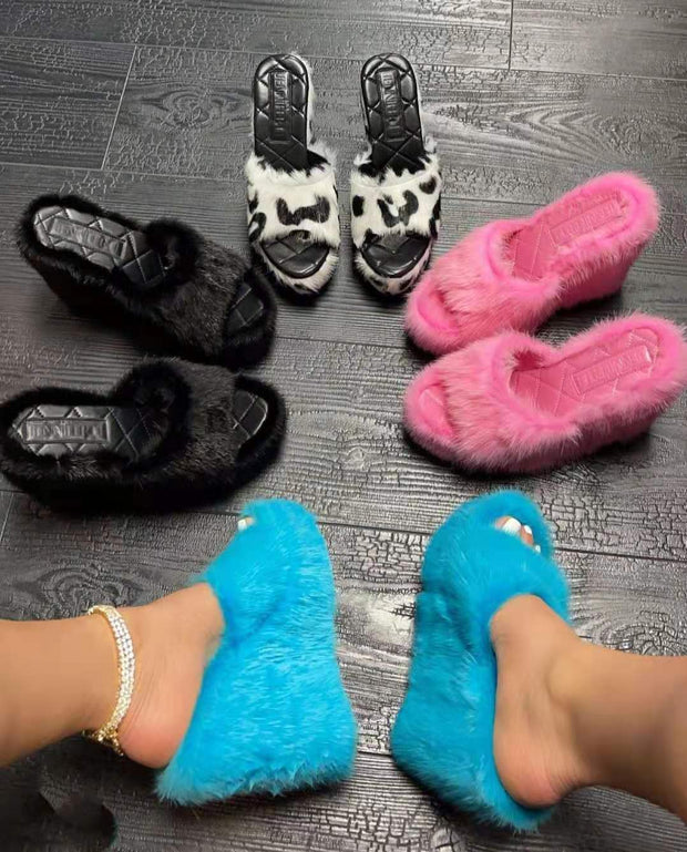 New Fur Slippers Women&#39;s Wedge Heel Shoes Women High-heeled Furry Drag Fashion Outdoor All-match Shoes Slippers Furry Slides