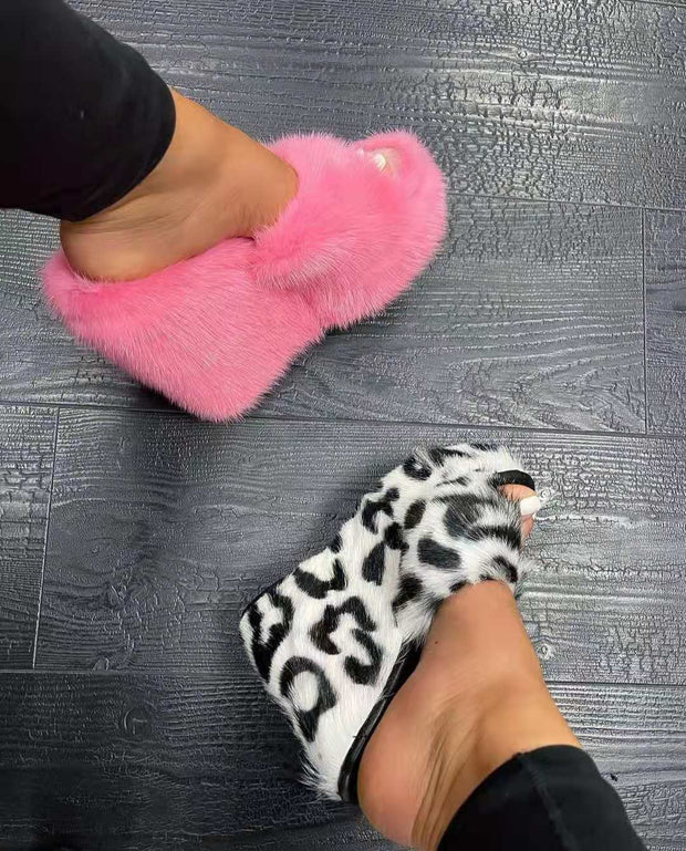 New Fur Slippers Women&#39;s Wedge Heel Shoes Women High-heeled Furry Drag Fashion Outdoor All-match Shoes Slippers Furry Slides